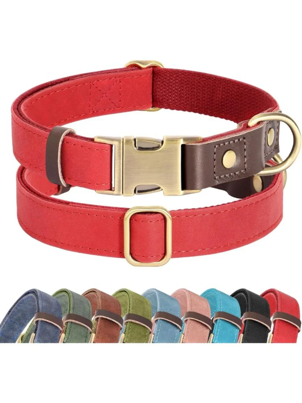 Stylish PU Leather Dog Collar for Large Dogs, Soft Nylon Lining, Adjustable Red